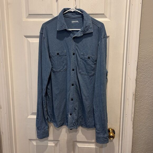 32 Degrees Cool Mens 100% Cotton Long Sleeve Button-Up‎ Shirt Blue Large - Picture 1 of 7